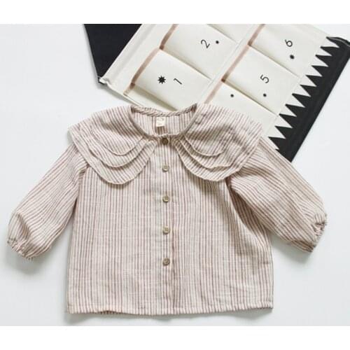 2020 Children Shirts new Spring Korean Style Cotton Linen Baby Girls Blouses Kids Clothes Ruffles Collar Shirt Striped Tops