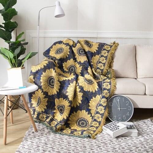 Blue Sunflower Throw Cotton Knitted European Style Three Storey Thicken Idyllic Tassels Decoration Soft Household Sofa Blankets