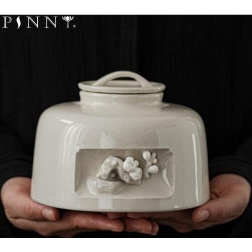 PINNY Plant Ash Glaze Plum Blossom Ceramic Tea Caddy Hand Made Plum Blossom Tea Storage Tins Kung Fu Tea Accessories