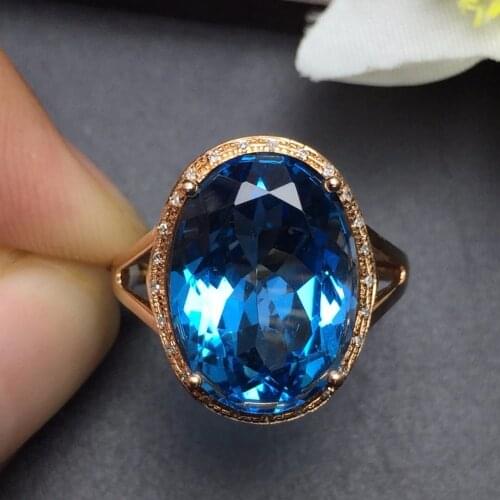 Fine Jewelry Real 18K Rose Gold AU750 100% Natural London Blue Topaz Gemstone Female Rings for Women Fine Ring