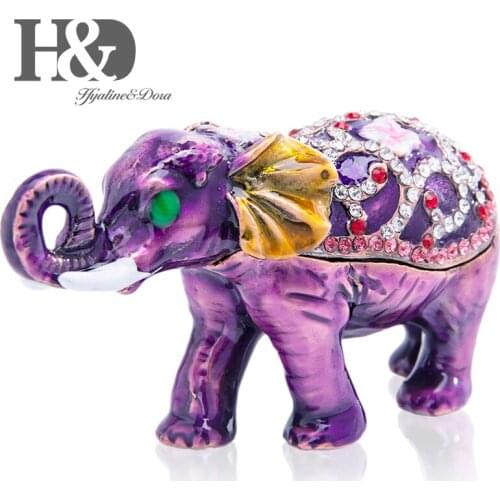 H&D Handmade Purple Elephant Metal Trinket Box Figurine Animal Shape Jewelry Storage Box with Gift Box Home Wedding Xmas Decor