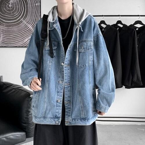 2021 Autumn Men Denim Jacket Mens Streetwear Hip Hop Hooded Jean Jackets Male Casual Loose Outerwear Fashion Japan Style Coat