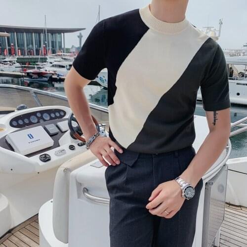 2021 Sweater Men Short Sleeve Slim Fit Knitted Pullovers Fashion Half Turtleneck Knitwear Contrast Color Casual Bottoming Top