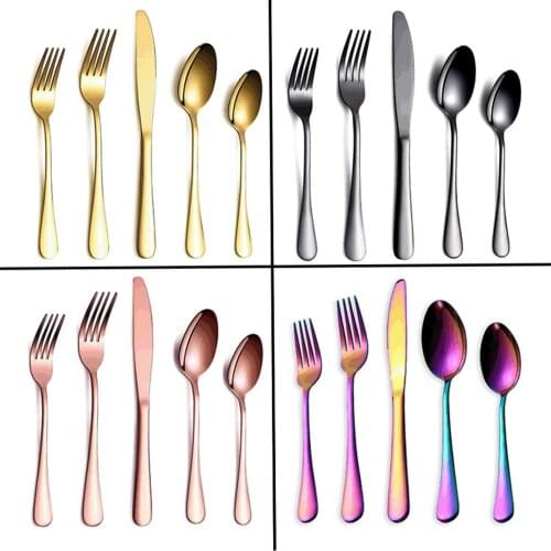 5pcs/Set Kitchen Food Tableware Stainless Steel Rainbow Purple Knife Fork Spoon Dinnerware Home Restaurant Party Cutlery Set