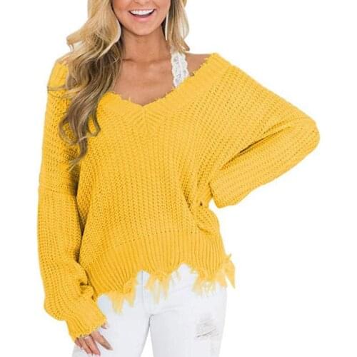 Off The Shoulder Autumn Sweater For Women Fringe Distressed Knitted Female Tops Long Sleeve Pullover Sweaters