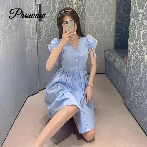 Runway Brand 2020 Summer Sweet Bow Tie V-neck A-line Dress Puff Sleeve Rhinestone Beaded Haze Blue Mini Dress Party Clothing