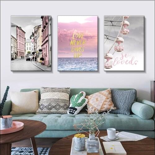 Modern Landscape Architecture Poster, Small Fresh Pink Canvas Painting, Letter Mural, Printing, Waterproof, Family Decoration