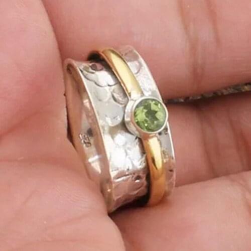 Vintage Punk Two Tone Rings for Women Bohemia Simple Metal Gold Silver Color Green Zircon Men Finger Ring Rock Jewelry