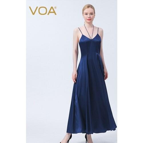VOA Silk Stretch Satin Deep Sea Blue V-neck Invisible Side Pull Pullover Cool Skin-friendly Sling Big Swing Dress Summer AE1009