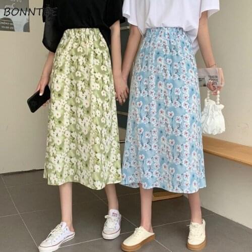 Skirts Women Sweet Cute Floral Teen Girls Summer Elastic High Waist Loose A-line Fairy All-match Korean Style Fashion Casual Ins