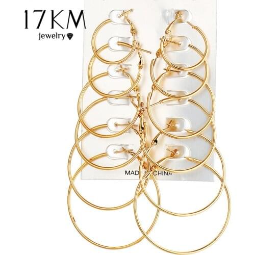 17KM 6 Pair/set Vintage Gold Color Big Circle Hoop Earrings for Women Steampunk Ear Clip Party Jewelry Accessories Gift