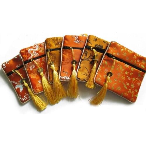 10pcs/lot Mix Colors Bags Small Flower Tassel Silk Square Jewelry Pouches Packing Bag Chinese Zipper Coin Purse