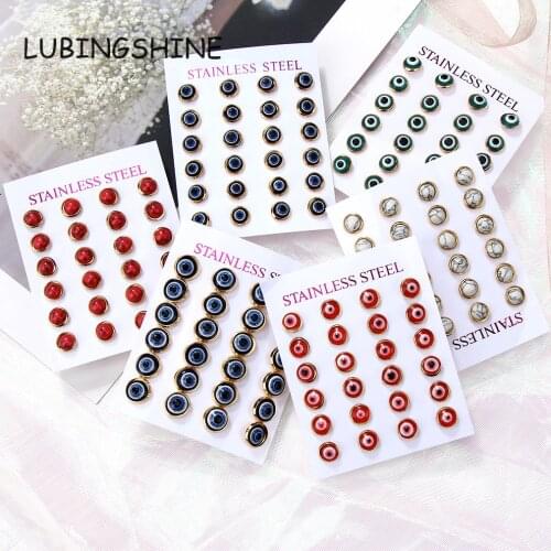 12pairs/lot Stainless Steel Evil Eye Studs Earring Luxury Gold Color Cute Natural Stone Earrings Jewelry Set Gift for Women Girl