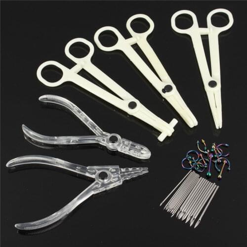 2018 Disposable Body Piercing Kit Tools Pliers Forceps Needles Accessories Set with Eyebrow Labret Lip Nipple Nose Studs Rings