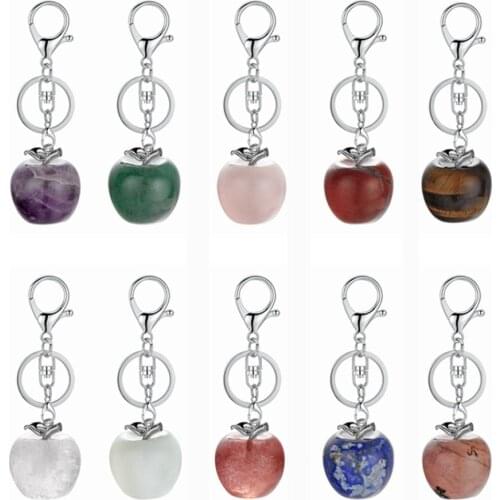 ASHMITA Natural Handmade Carved Apple Stone Pendant Keychain Alloy Leaf Healing Custom Crystal Key Chain Ring Jewelry