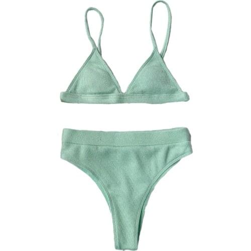 Quanss Solid Color Ribbed Knitted Bikini Women 2021 High Waist Two Piece Set Swimsuit Female Summer Swimwear Beach Bathing Suit