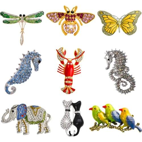 Retro Insect Dragonfly Butterfly Broach Bee Brooch Women Crystal Animal Elephant Cat Birds Sea Horse Broches Mujer Men Brosche