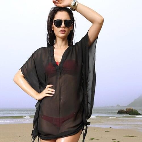 Black Mesh Sheer Beach Dress Bikini Cover Up Sexy Lace Up Swimwear Summer Beachwear
