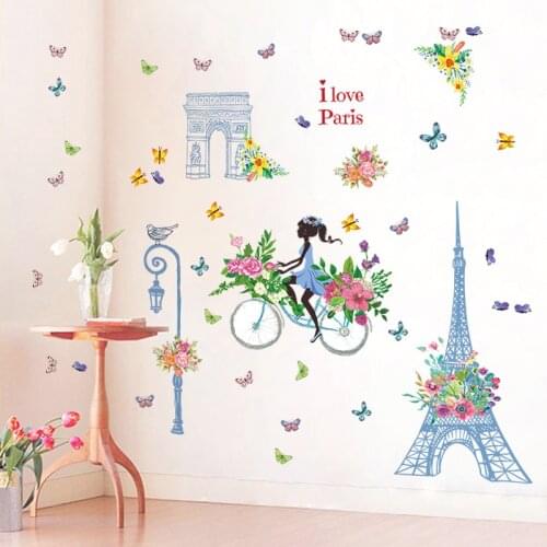 DIY Romantic Paris Tower Bike Girl Butterfly Flower Wall Sticker for Girls Kids Room Decoration Removable Vinyl Mural art Decals