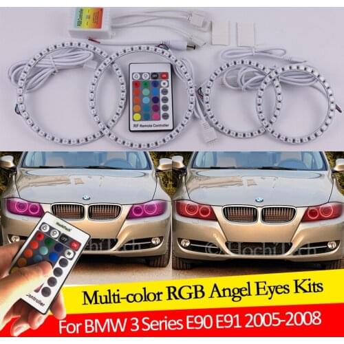 For BMW 3 Series E90 E91 2005 2006 2007 2008 Xenon headlights 16 colors RGB Angel Eyes LED Halo Rings RF Wireless Control DRL