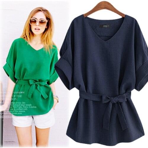 2021 Summer T-Shirts New V-neck Short-sleeved Cotton Linen Top Solid-colored Loose-fitting T-shirt Top V-neck Womens Clothing