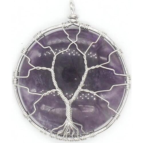 FYSL Silver Plated Wire Wrap Tree of Life Amethysts Stone Pendant Opalite Opal Jewelry