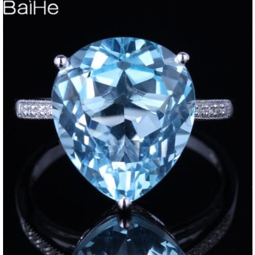 BAIHE Solid 14K White Gold 9.62CT Blue Topaz Wedding Ring Engagement ring Women Trendy Fine Jewelry Blue Topaz Ring
