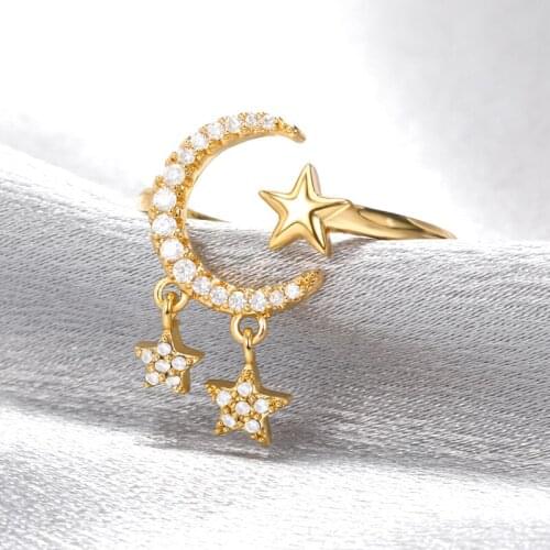 Korean pop Delicate Moon Rings For Women Shiny Little Star Pendant Ring Adjustable Romantic Wedding Jewelry Gift For Girlfriend