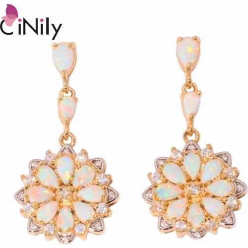 CiNily Large Long White Fire Opal Daisy Stud Earrings Yellow Gold Color Tear Drop Stone Sun Flower Luxury Cocktail Party Jewelry