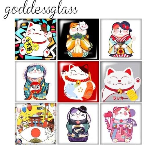 Japanese Fortune Cat Plutus cat Square 10pcs mixed 12mm/20mm/25mm/30mm photo glass cabochon demo flat back Making findings