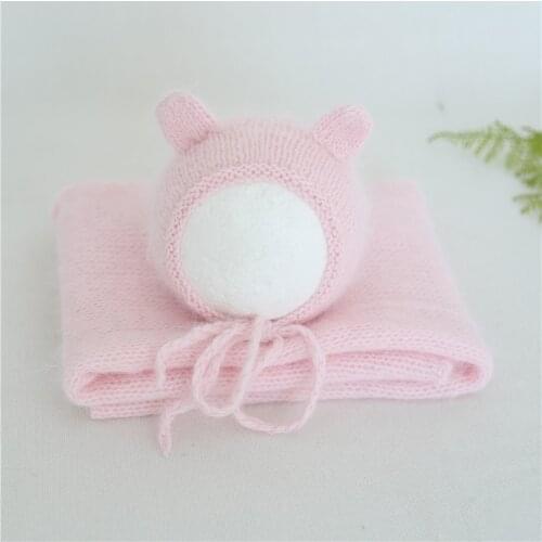 Brushed Alpaca Hat and Wrap Set Pastel Pink Flluffy Bear Hat High Stretch Swaddle Wrap Knitted Animal Outfit Newborn Photo Props