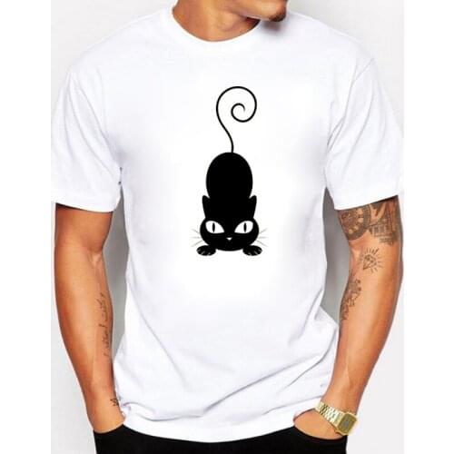 BLWHSA Fashion But Cute Black Cat Design Mens T-shirts Short Sleeve Cotton Anime T shirt for Men Clothing Hipster Top