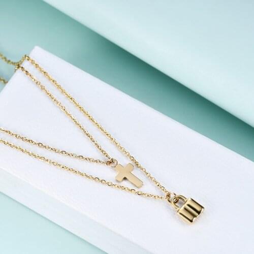 Fashion 2 Layers Gold Stainless Steel Chain Necklaces For Women Men Jewelry Gifts Key Cross Pendant Necklace Couples Choker