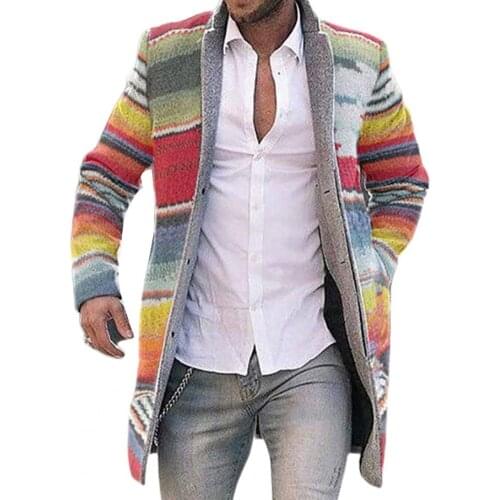 Men Autumn Winter Rainbow Stripes Open Front Long Sleeve Trench Coat Overcoat for Outdoor