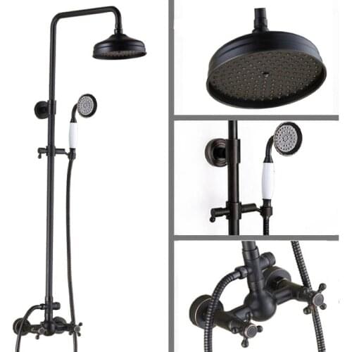 Black Oil Rubbed Bronze Wall Mounted Dual Cross Handles Bathroom Rain Shower Faucet Set + Handheld Shower ars048