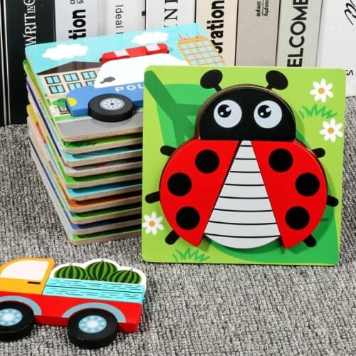2021 New Montessori Wooden Puzzles Hand Grab Boards Toys Tangram Jigsaw Baby Educational Toys Cartoon Vehicle Animals 3D Puzzles