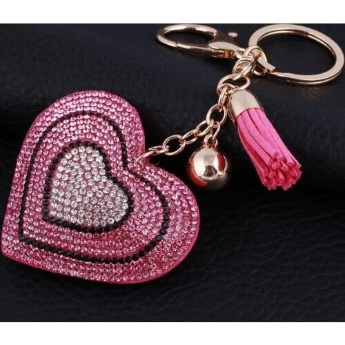 Novelty Rhinestone heart Tassel Keychains Keyring Fashion Heart Metal Crystal Pink Key Chains Purse Pendant Gift for Women