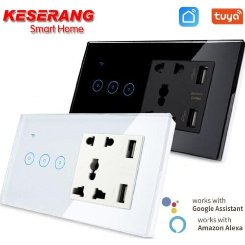 Tuya Smart Life Socket USB with Switch WiFi LED Light Touch Wall Switch 1 gang and Universal Socket Compatible Alexa Google Home