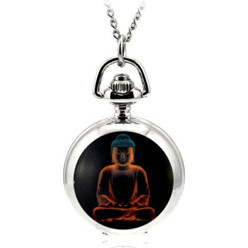 Modern Fashion Ceative Silver Quartz Pocket Fob Watch Necklace Pendant Relogio De Bolso Women Pendant Necklace Buddha Statue