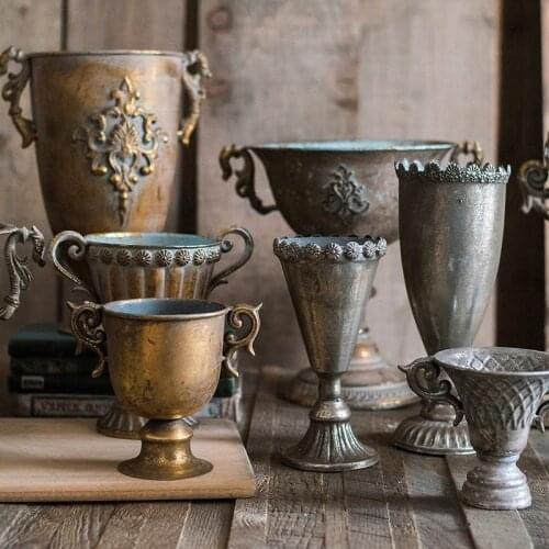 Vintage Old Wrought Iron Vase Flower Home Furnishing Golden Silver European Flower Pot Goblet Classical Floral Decoration
