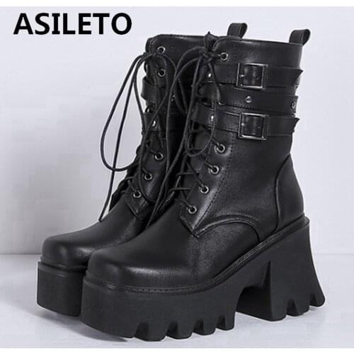 2021 Gothic Women Ankle Boots High Platform Motorcycle Lace Up Buckle Top Quality Autumn Winter Warm Chunky High Heels S2365