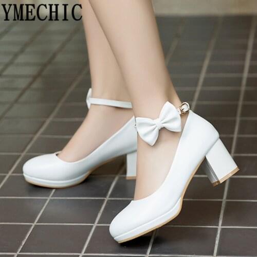 YMECHIC 2019 White Wedding Bride Bowtie Women Shoes High Heel Pumps Black Beige Ladies Mary Jane Shoes Large Size Block Heels
