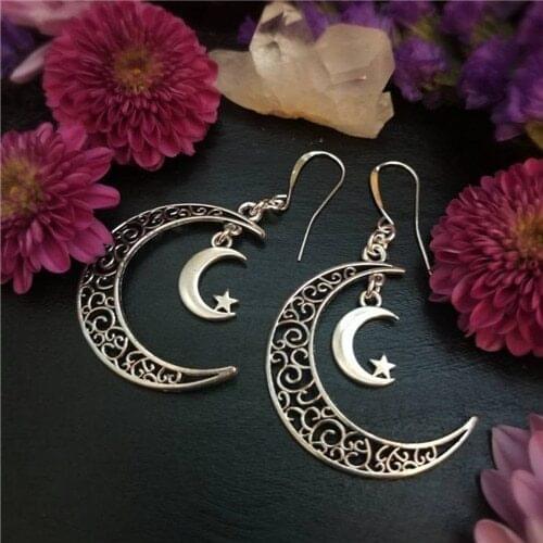 Vintage Hollow Moon Hook Earrings for Women Double Moons Star Dangle Earrings Statement Silver Color Boho Ethnic Jewelry Gift