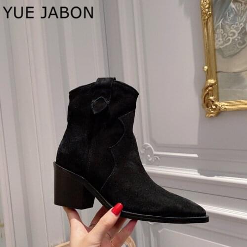 Black Runway High top Wood Sole Boots for women suede chunky high heel shoes pointed toe ankle botas Elegant autumn short boots
