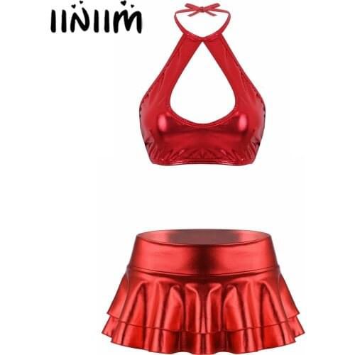 Womens Cheerleading Set Metallic Faux Leather Rave Cocktail Clubwear Crop Tops Vest Low Rise Double Layered Ruffle Mini Skirt