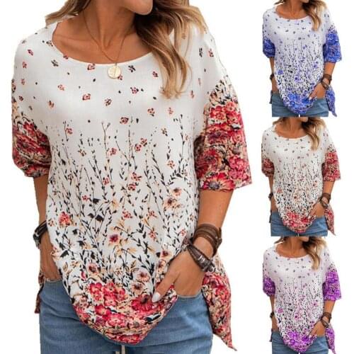 Womens Fashion Trend O-neck Short Sleeve Tops Casual Floral Print Pullover Summer Loose Large Size All-match Ladies T-shirt