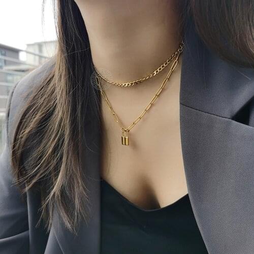 Womens Punk Double Layered Padlock Pendant Choker Stainless Steel Necklace Paperclip Crub Cuban Link Chain Luxury Jewelry DN262