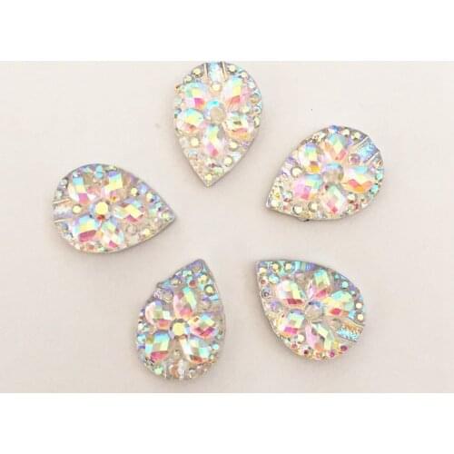 150pcs AB Resin 10*14mm Drop 3D Flower Flatback Rhinestone Ornaments DIY Wedding Appliques Craft SC558*3
