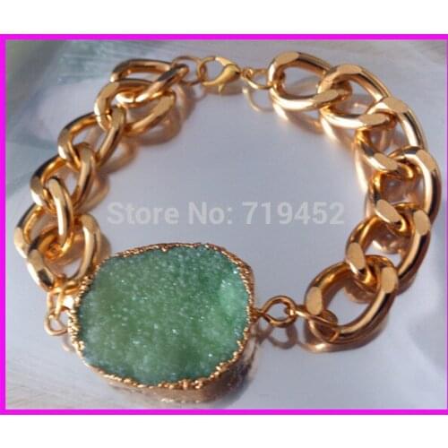5PCS Fashion Natural Green Druzy Stone Stone Bracelet,Gold color Chunky Chain Bracelet Druzy Drusy stone bracelet bangle