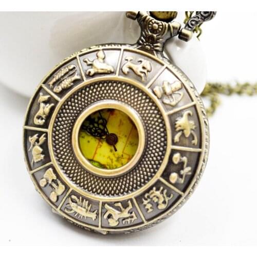 50pcs/lot Hot Sell Bronze Constellation Quartz Pocket Watch Map Printed Men Women Wacthes Pendant Necklace